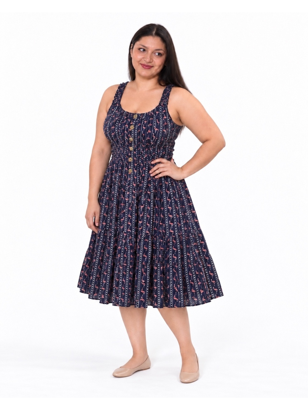 Simply Couture XXL Navy Pink Flamingo Sleeveless Cotton Midi Dress